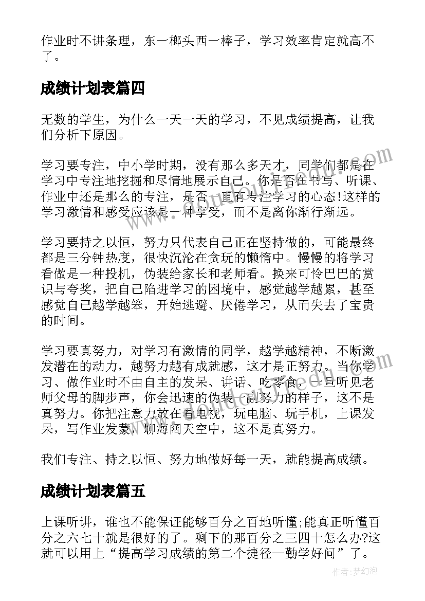 成绩计划表 一个提高学习成绩的学习计划(汇总5篇)