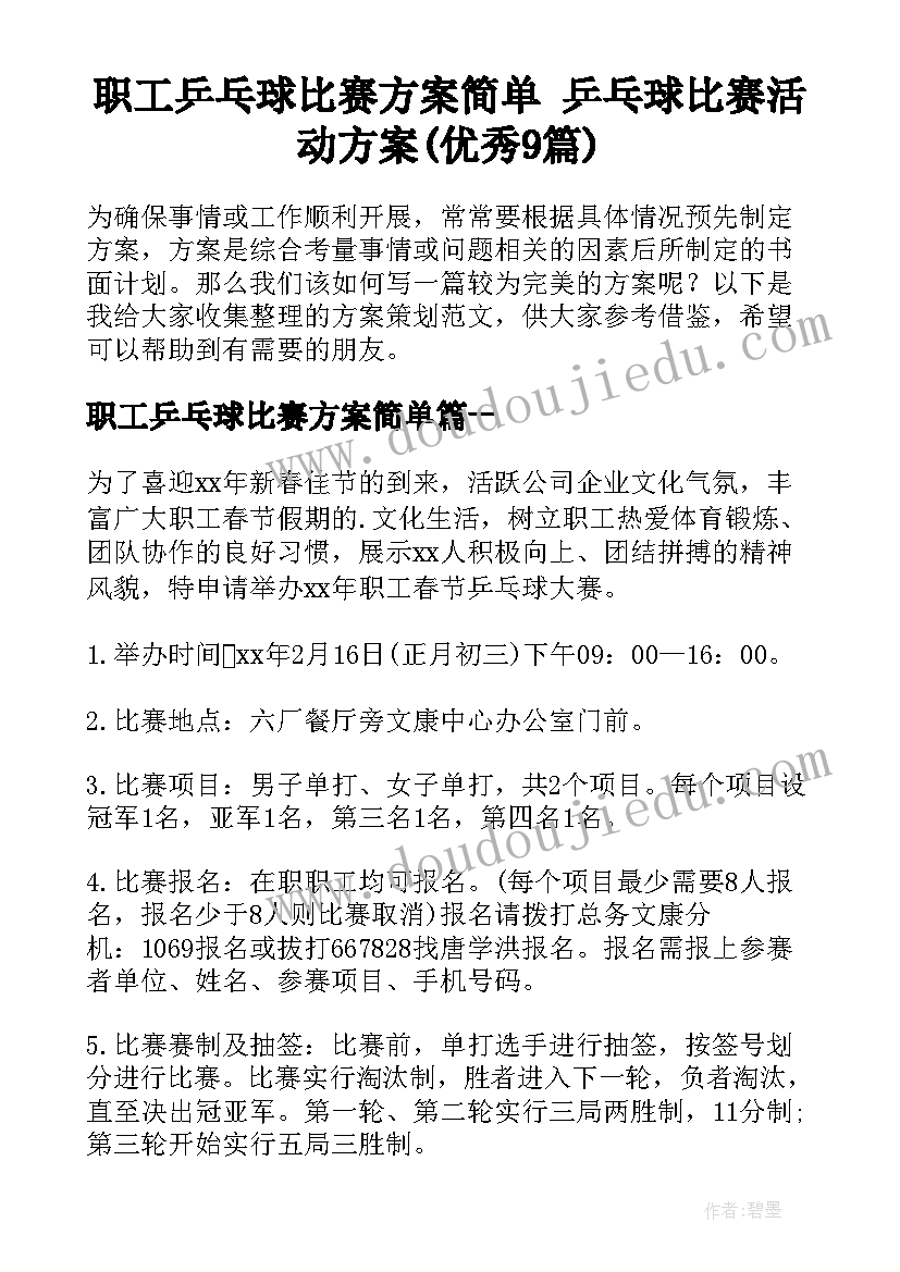 职工乒乓球比赛方案简单 乒乓球比赛活动方案(优秀9篇)