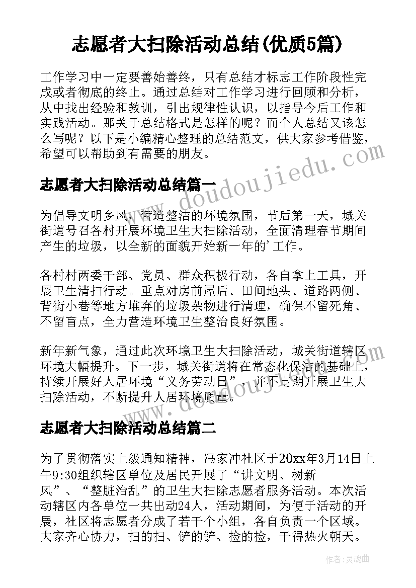 志愿者大扫除活动总结(优质5篇)