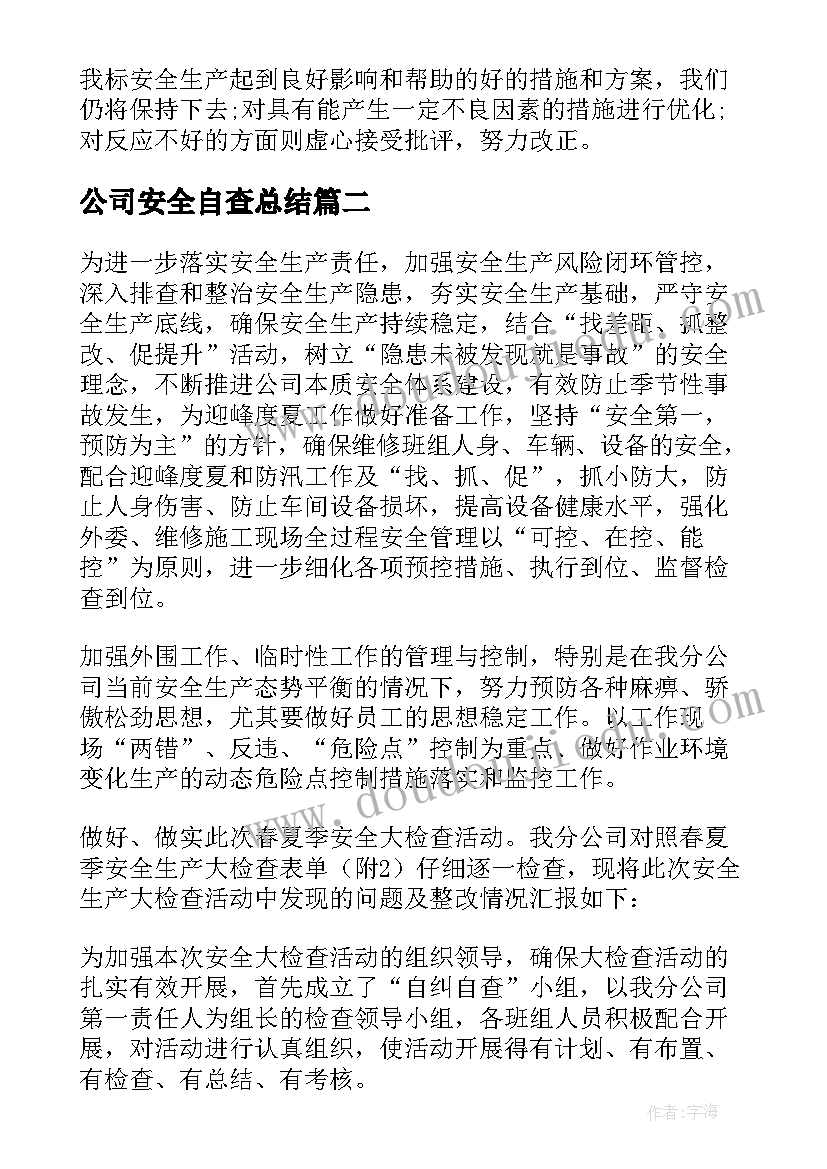 2023年公司安全自查总结(汇总8篇)