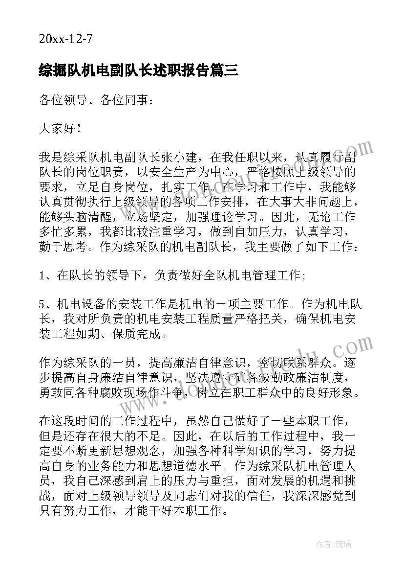 最新综掘队机电副队长述职报告(优质5篇)