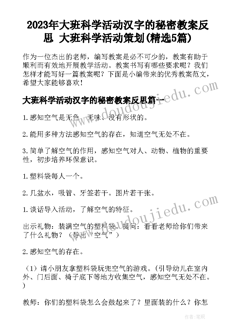 2023年大班科学活动汉字的秘密教案反思 大班科学活动策划(精选5篇)