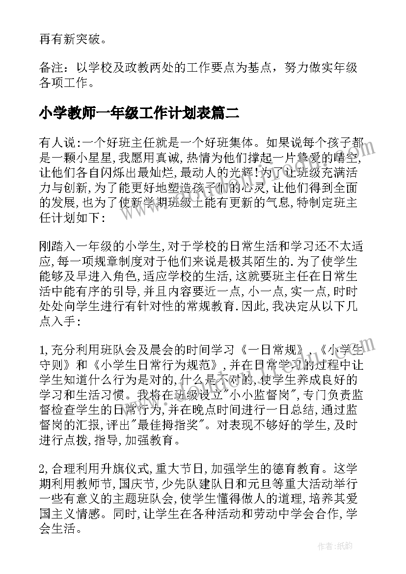 小学教师一年级工作计划表(大全10篇)