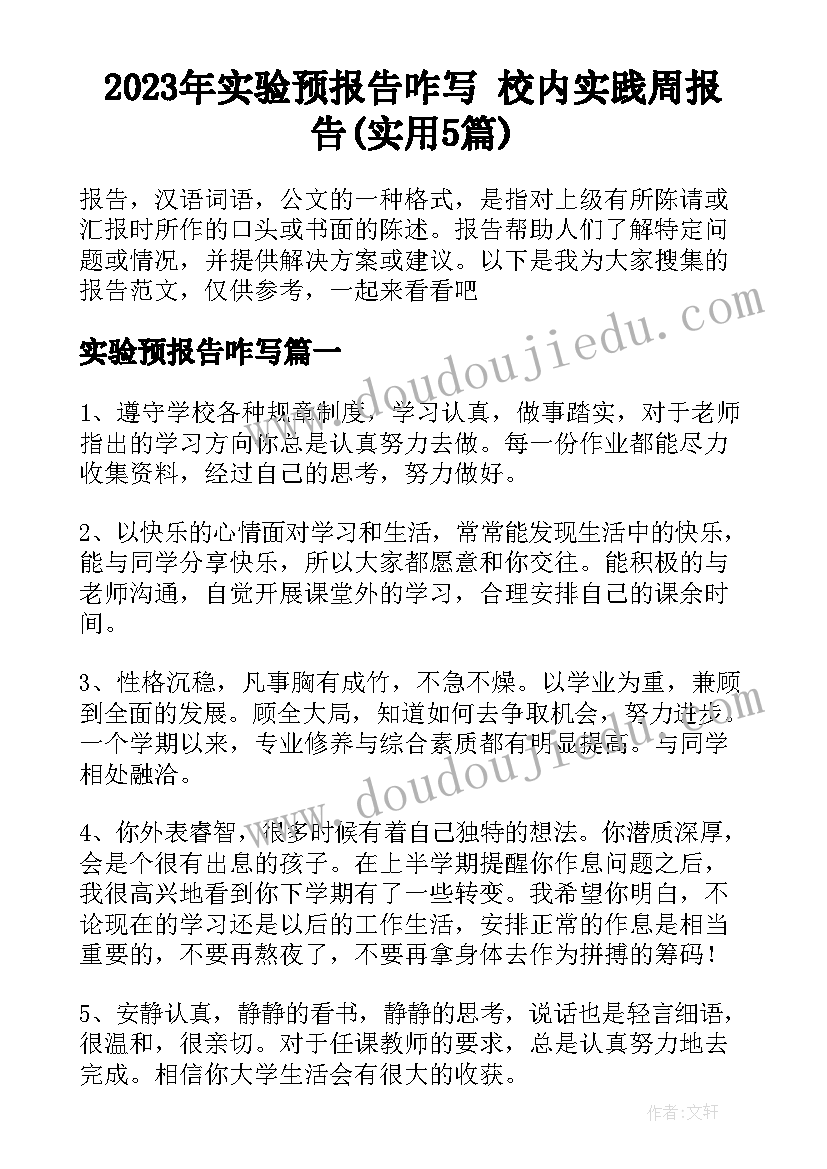 2023年实验预报告咋写 校内实践周报告(实用5篇)