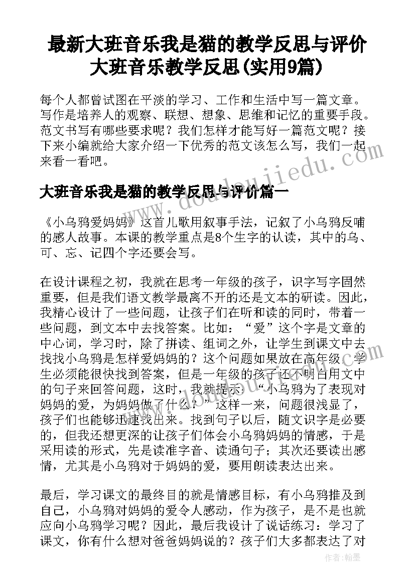 最新大班音乐我是猫的教学反思与评价 大班音乐教学反思(实用9篇)