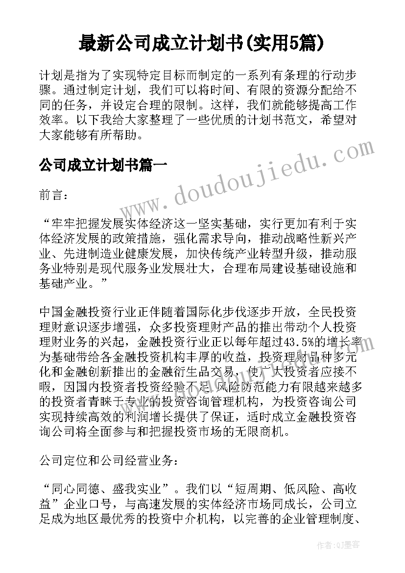 最新公司成立计划书(实用5篇)