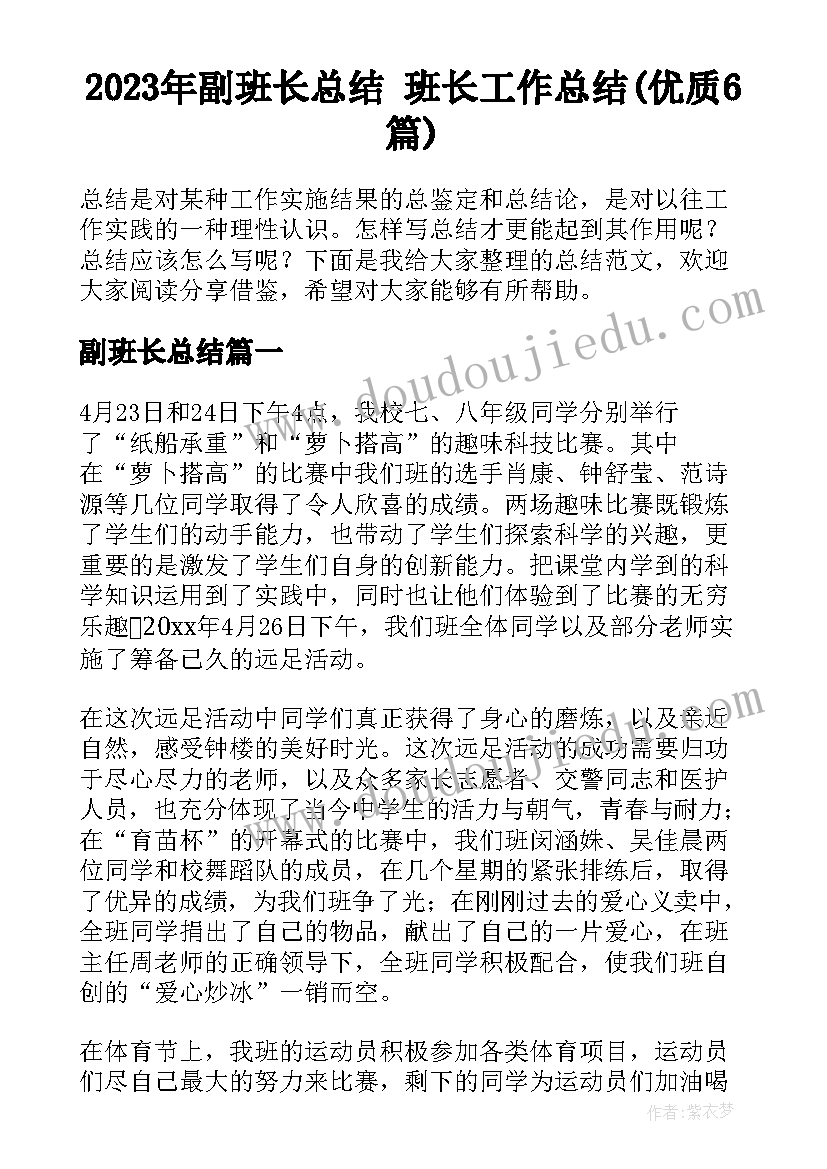 2023年副班长总结 班长工作总结(优质6篇)