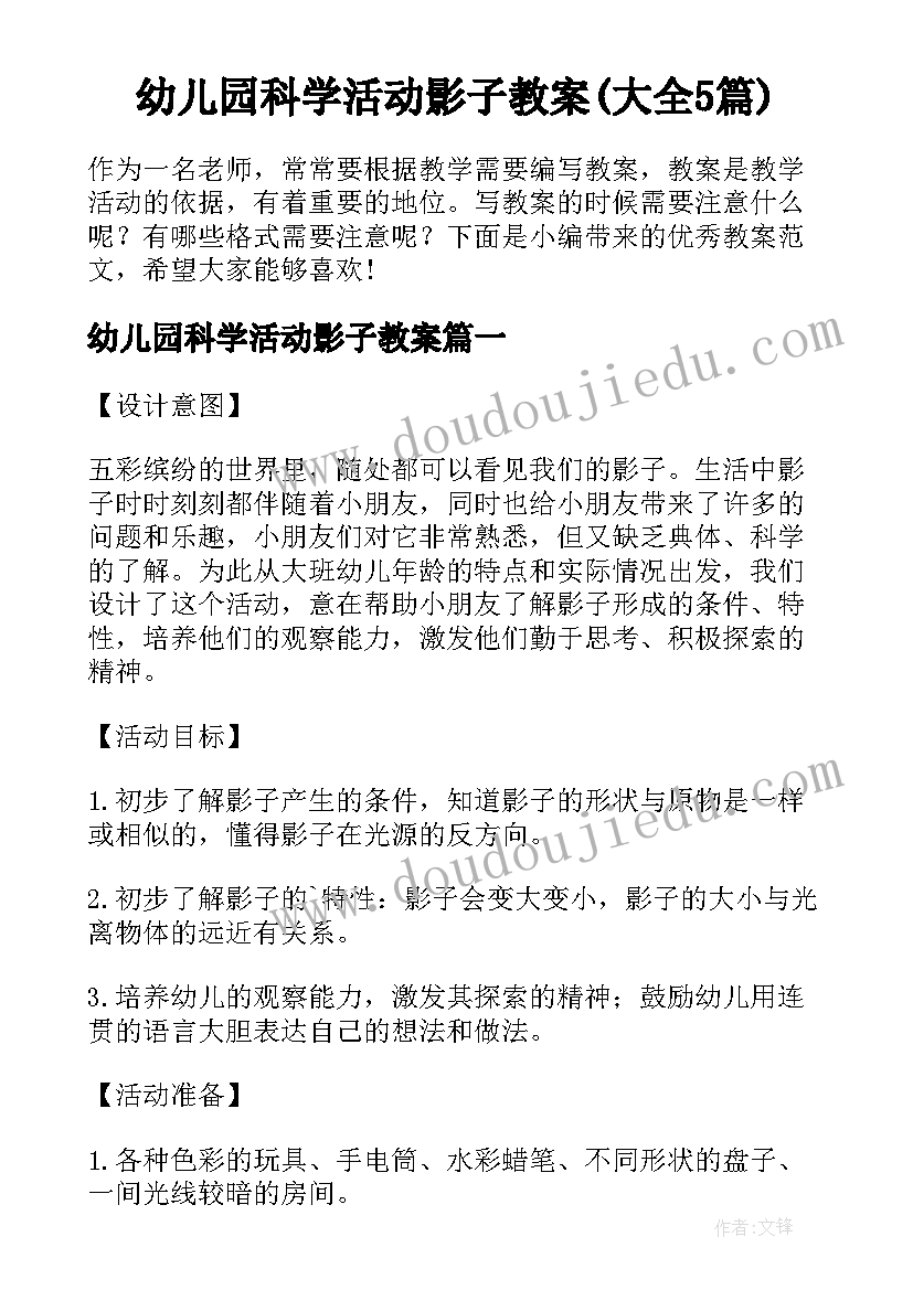 幼儿园科学活动影子教案(大全5篇)