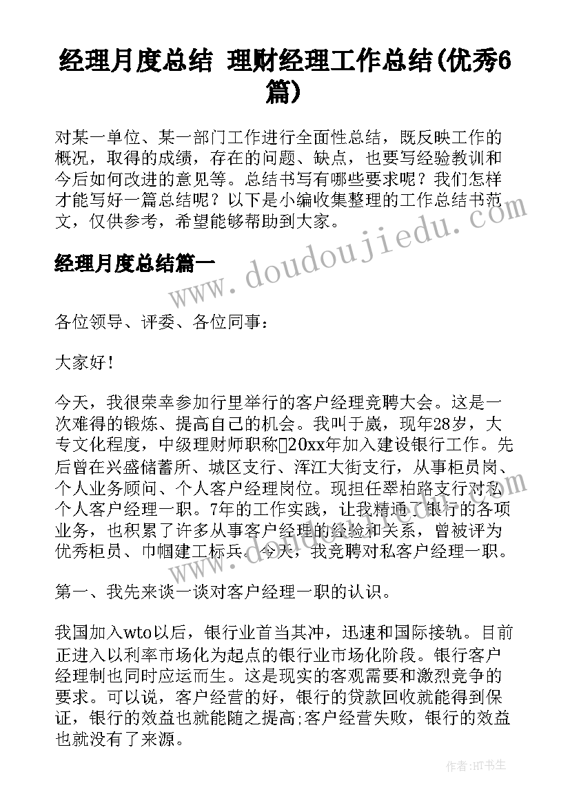 经理月度总结 理财经理工作总结(优秀6篇)