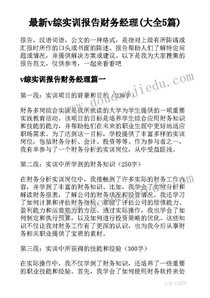 最新v综实训报告财务经理(大全5篇)