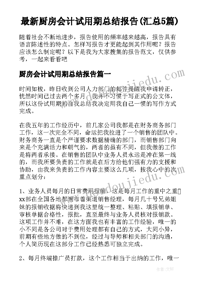 最新厨房会计试用期总结报告(汇总5篇)