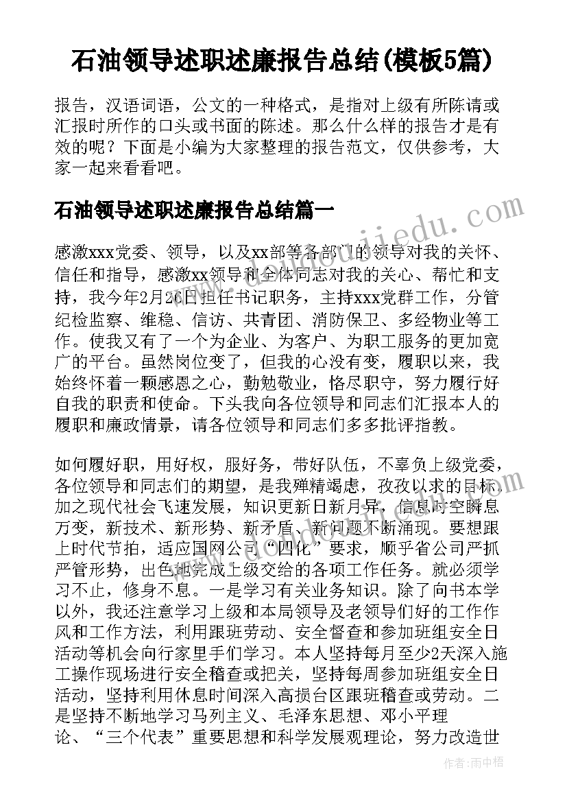 石油领导述职述廉报告总结(模板5篇)