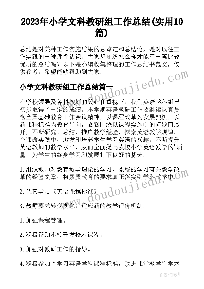 2023年小学文科教研组工作总结(实用10篇)