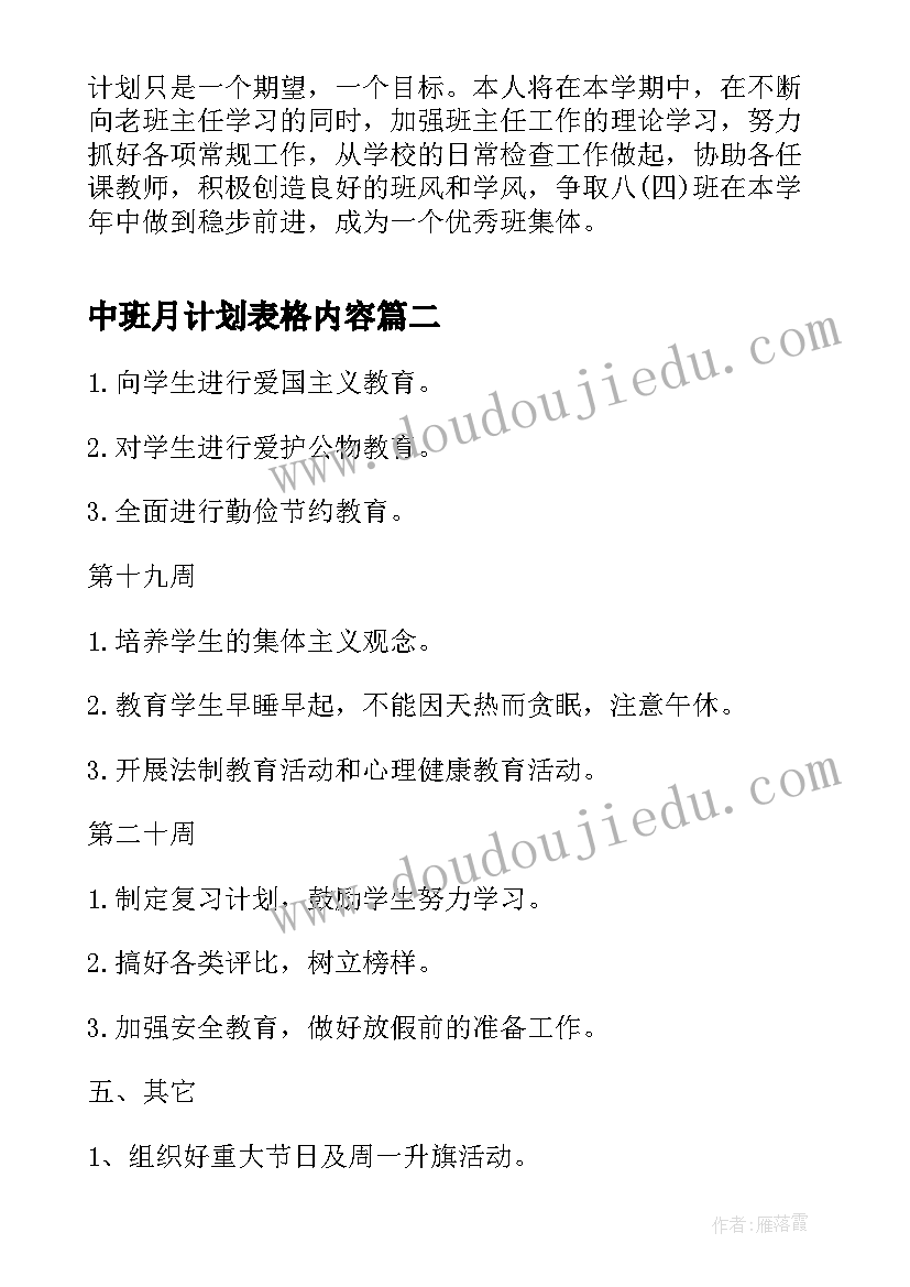 2023年中班月计划表格内容 初中班主任工作计划表格式(实用5篇)