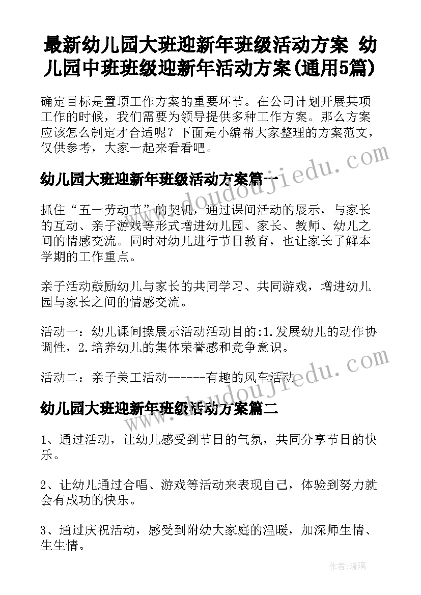 最新幼儿园大班迎新年班级活动方案 幼儿园中班班级迎新年活动方案(通用5篇)