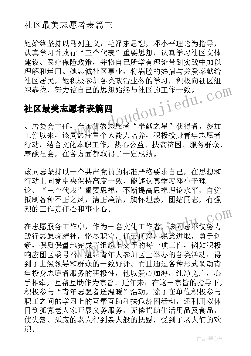 社区最美志愿者表 社区最美志愿者主要事迹材料(优秀5篇)