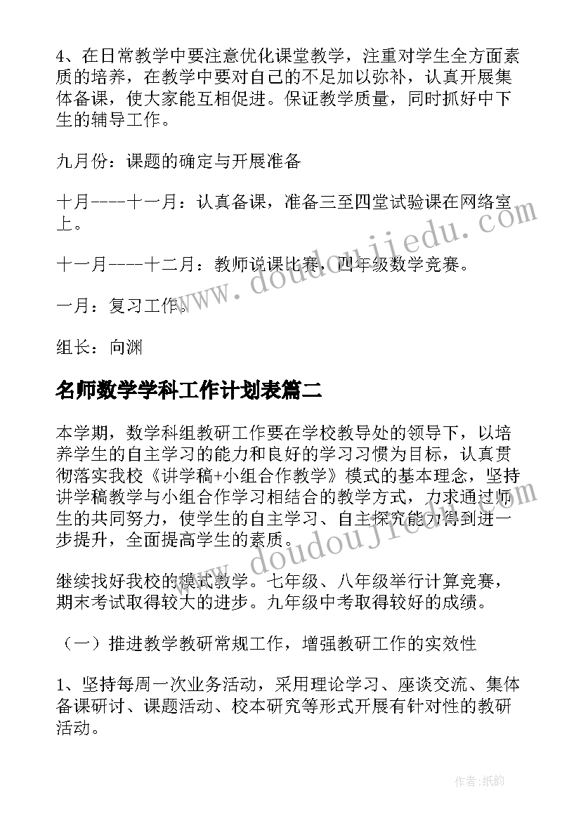 最新名师数学学科工作计划表(大全5篇)