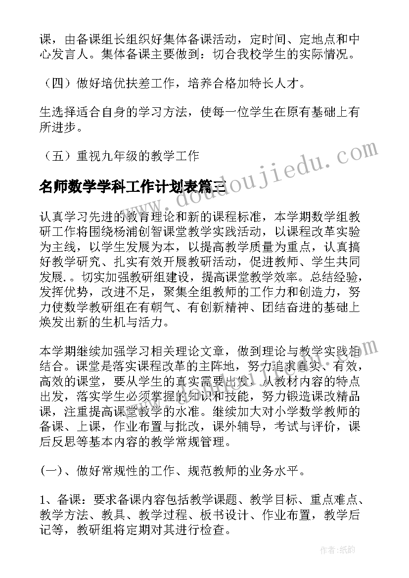 最新名师数学学科工作计划表(大全5篇)