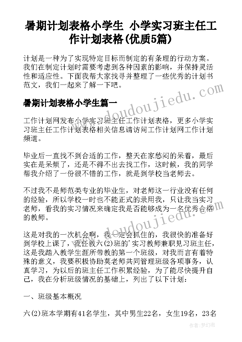 暑期计划表格小学生 小学实习班主任工作计划表格(优质5篇)