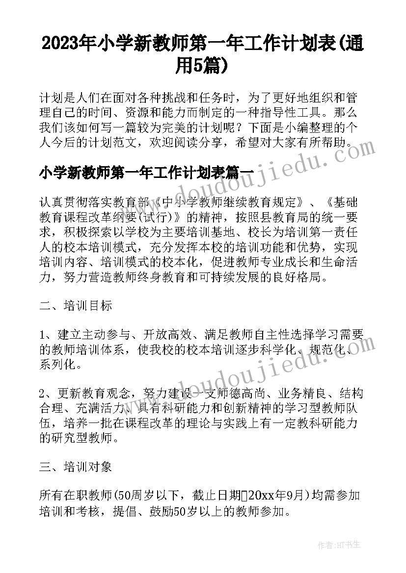 2023年小学新教师第一年工作计划表(通用5篇)