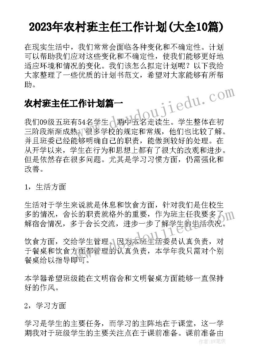 2023年农村班主任工作计划(大全10篇)