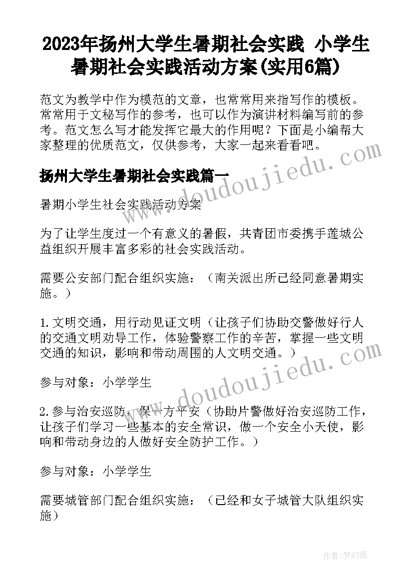 2023年扬州大学生暑期社会实践 小学生暑期社会实践活动方案(实用6篇)