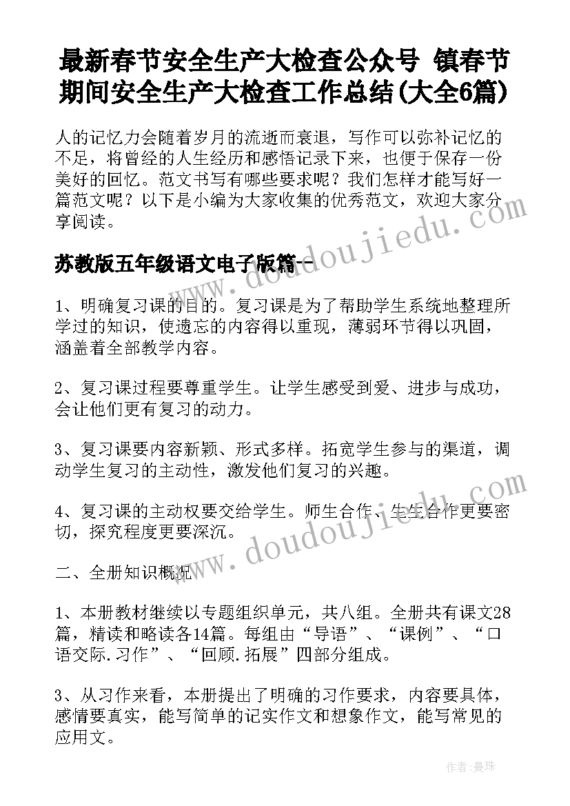 最新春节安全生产大检查公众号 镇春节期间安全生产大检查工作总结(大全6篇)