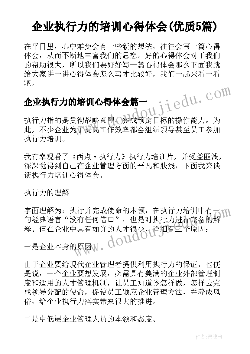 企业执行力的培训心得体会(优质5篇)