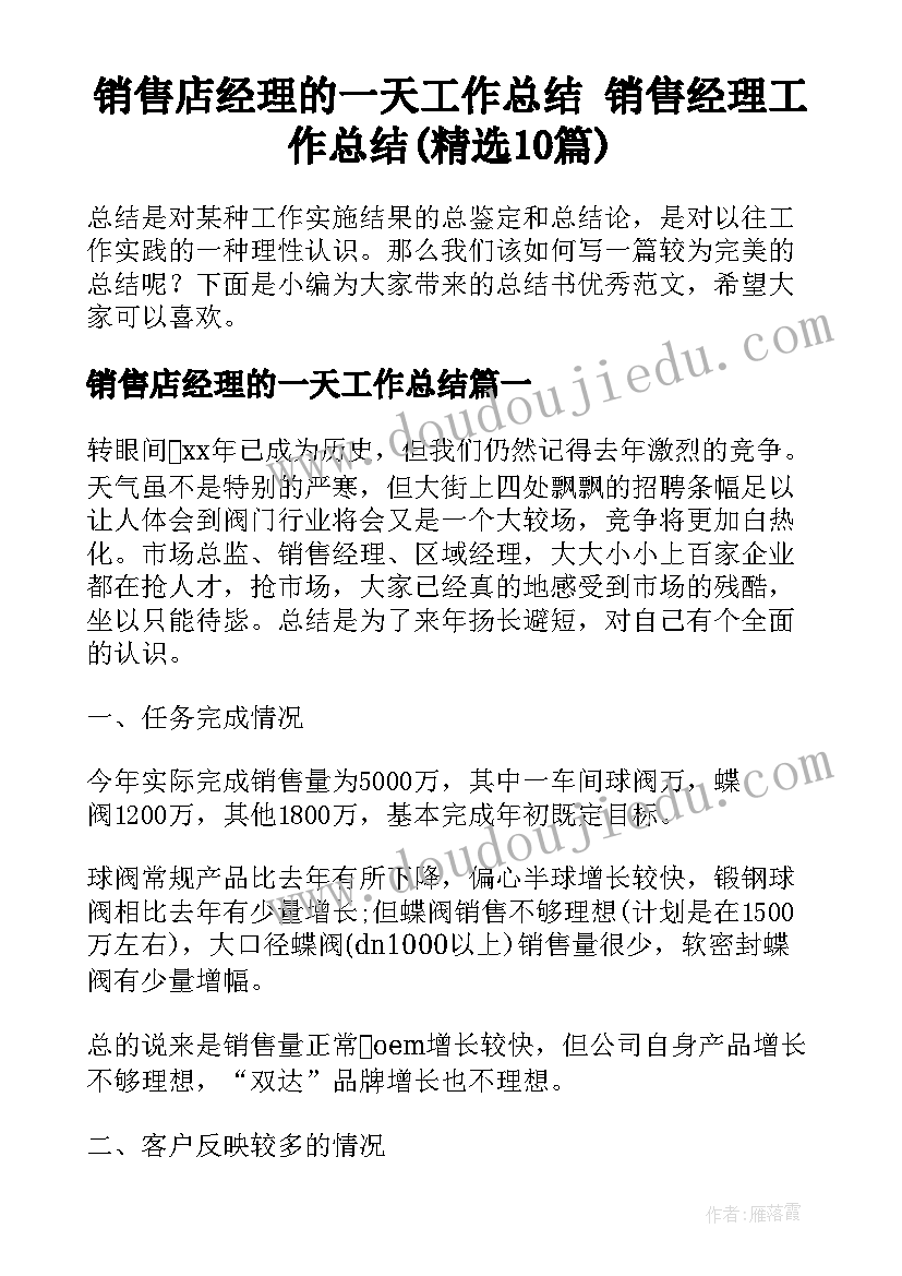 销售店经理的一天工作总结 销售经理工作总结(精选10篇)