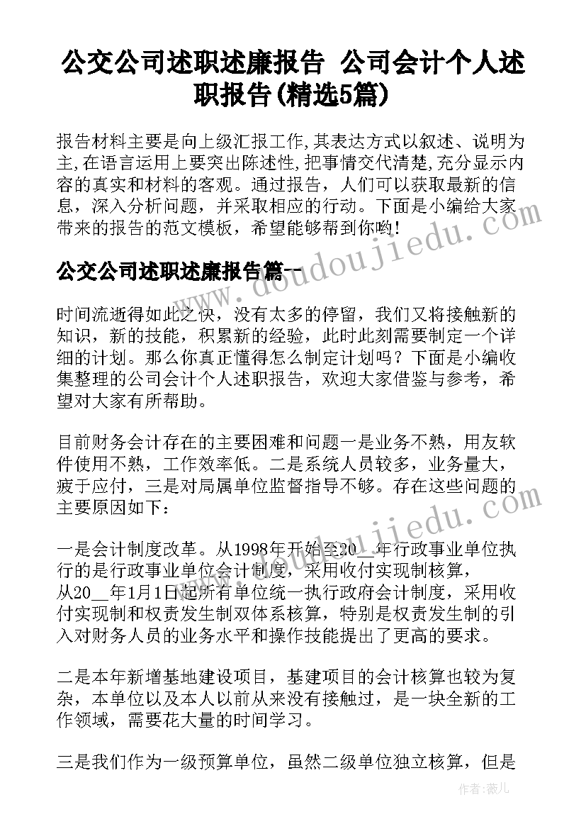 公交公司述职述廉报告 公司会计个人述职报告(精选5篇)