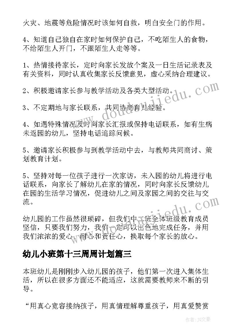 2023年幼儿小班第十三周周计划 幼儿小班工作计划(模板5篇)