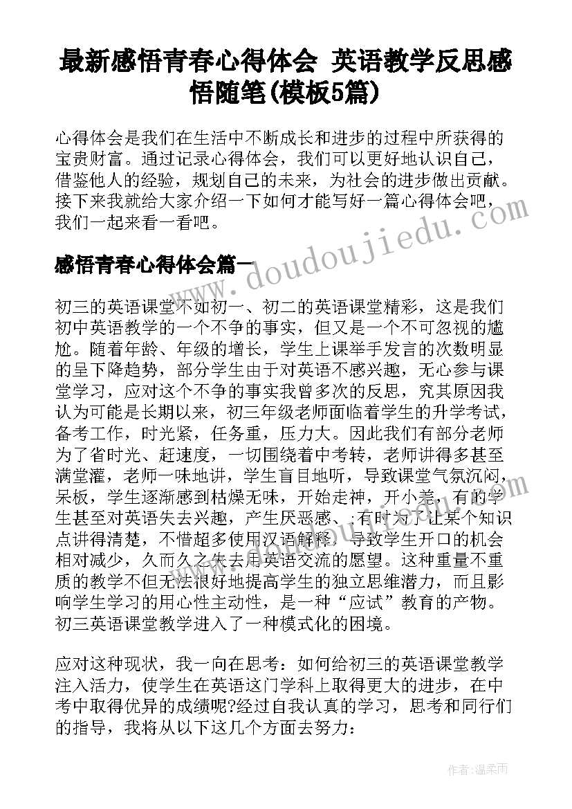 最新感悟青春心得体会 英语教学反思感悟随笔(模板5篇)