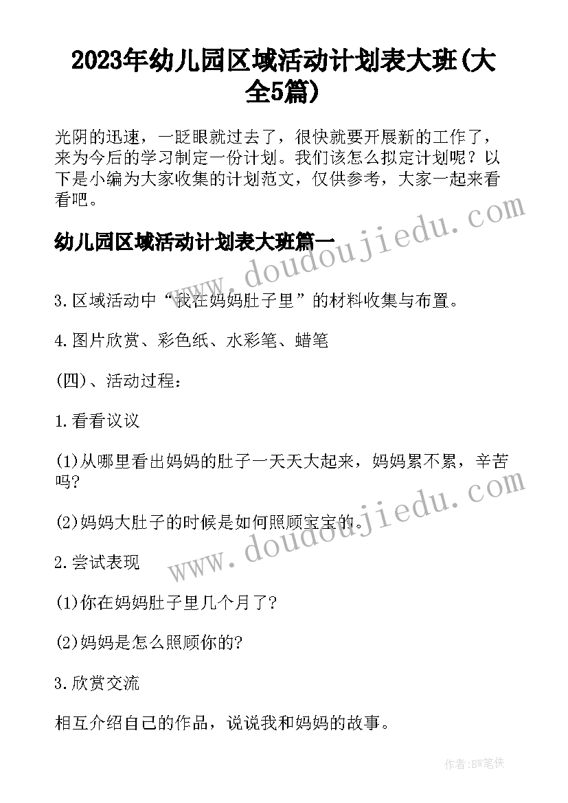 2023年幼儿园区域活动计划表大班(大全5篇)