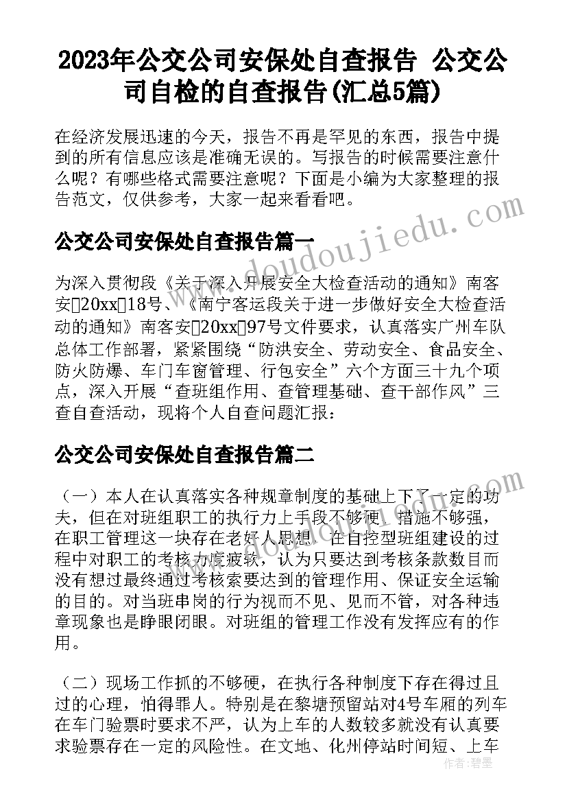 2023年公交公司安保处自查报告 公交公司自检的自查报告(汇总5篇)