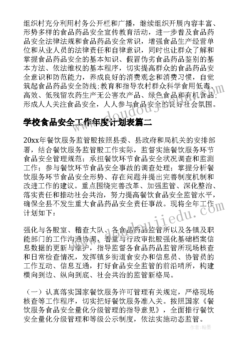 最新学校食品安全工作年度计划表 村食品安全工作年度计划(模板9篇)