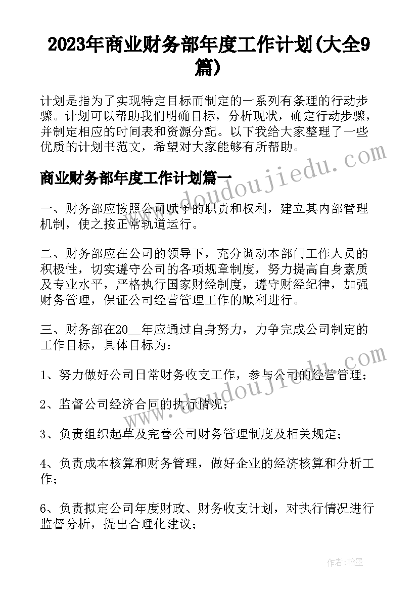 2023年商业财务部年度工作计划(大全9篇)