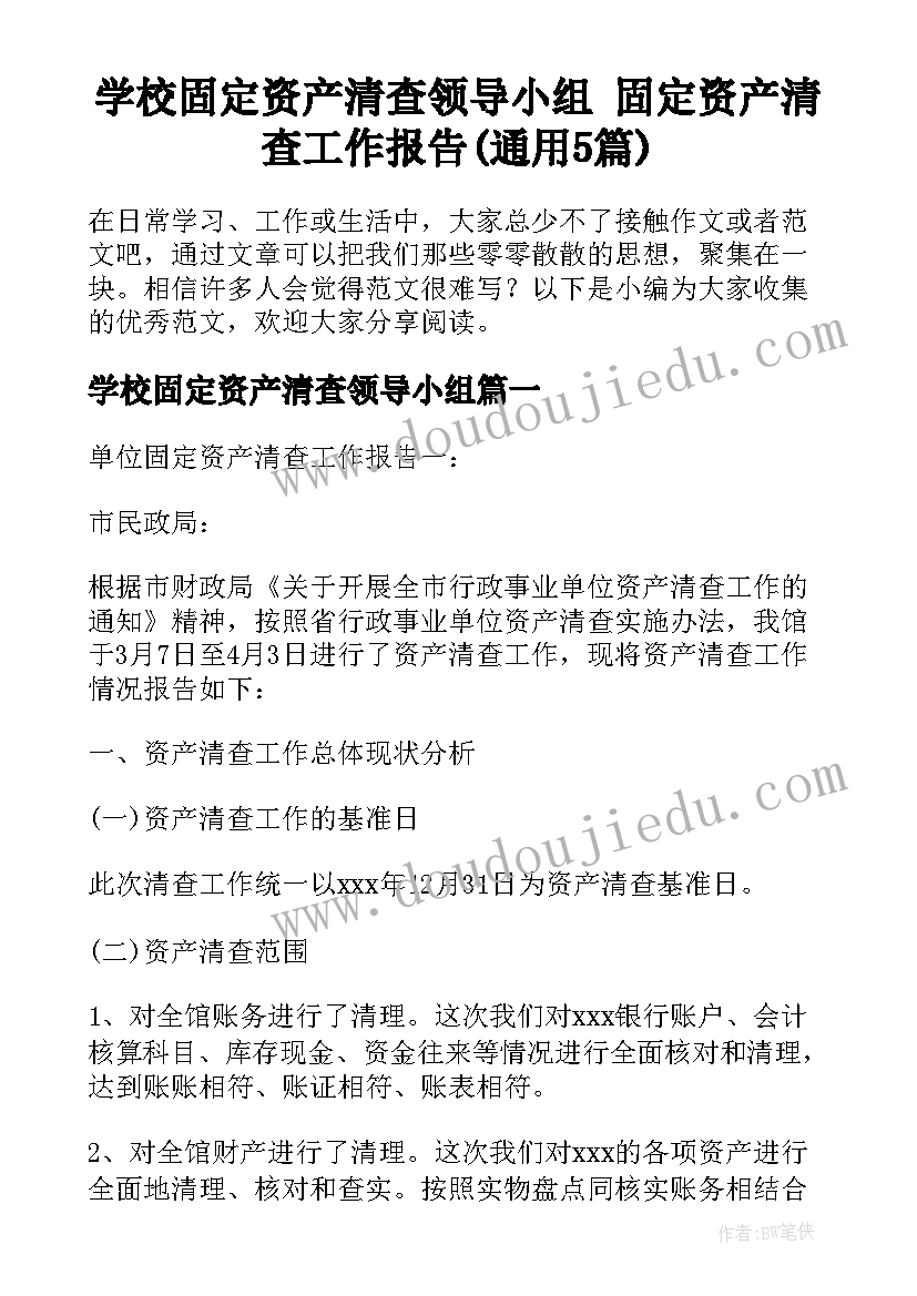 学校固定资产清查领导小组 固定资产清查工作报告(通用5篇)