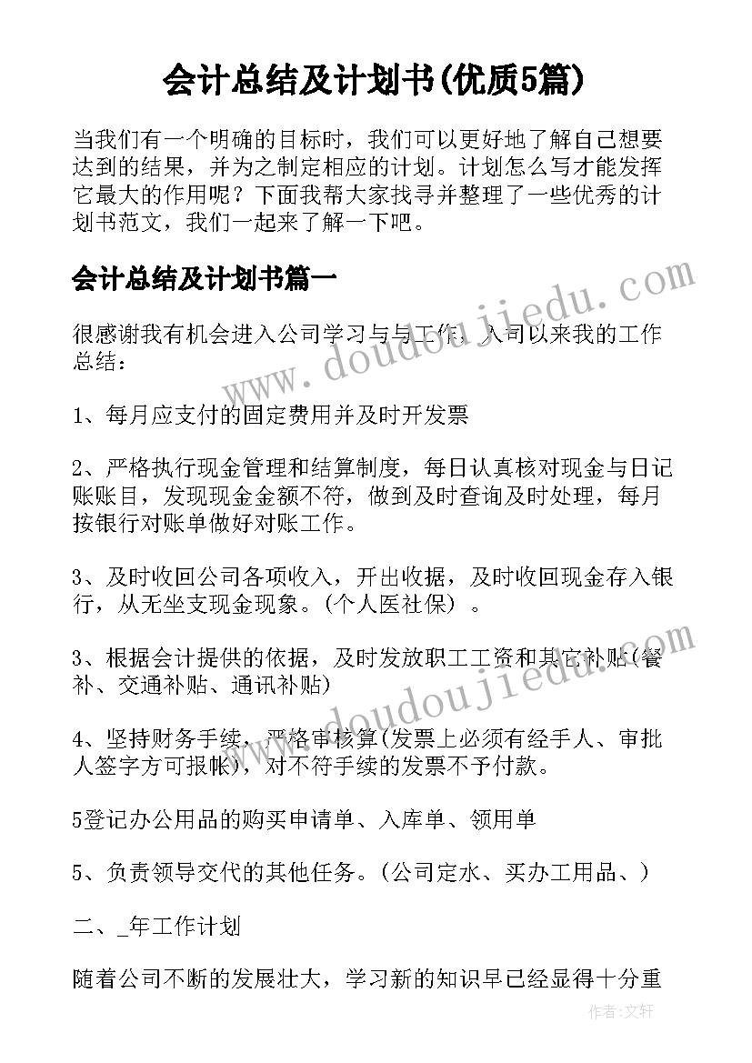 会计总结及计划书(优质5篇)