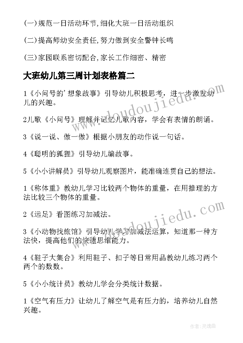 2023年大班幼儿第三周计划表格 幼儿园大班周计划(汇总5篇)