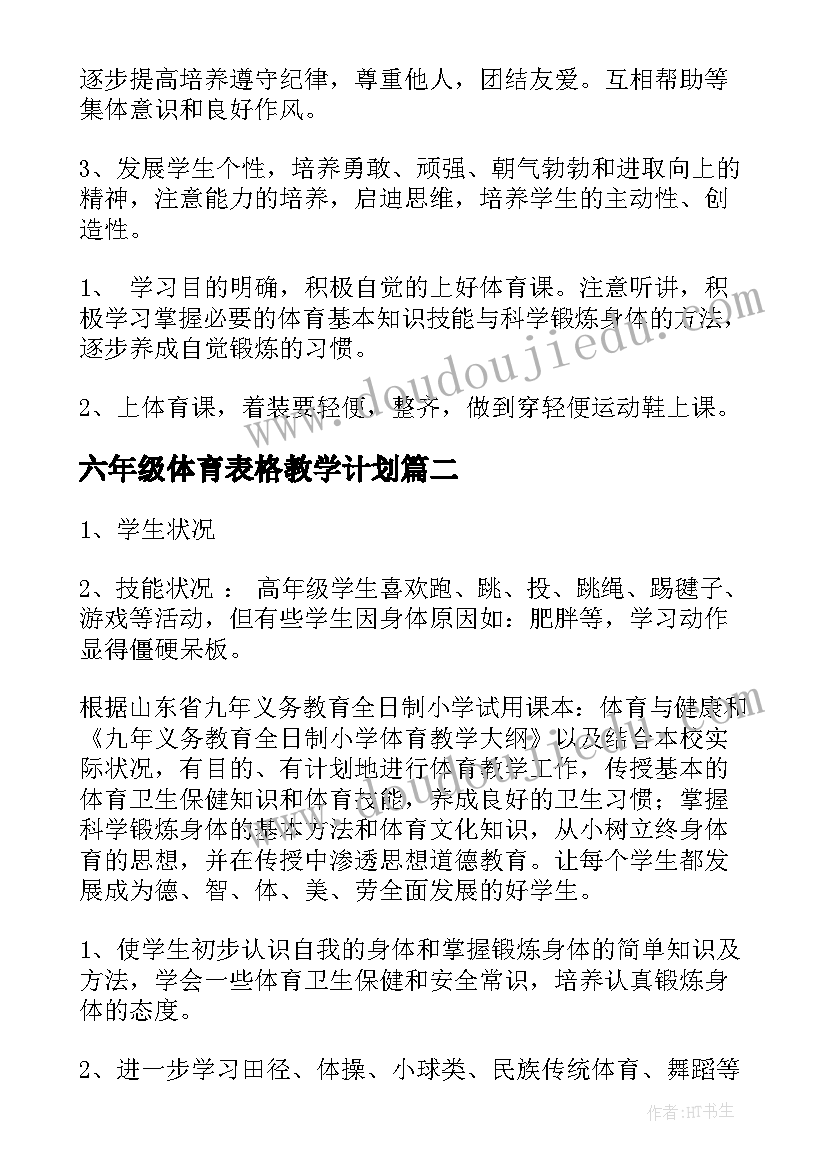 六年级体育表格教学计划(模板10篇)