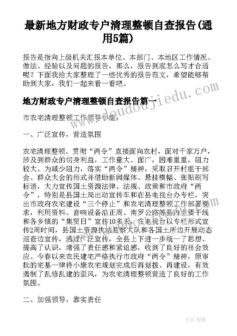 最新地方财政专户清理整顿自查报告(通用5篇)