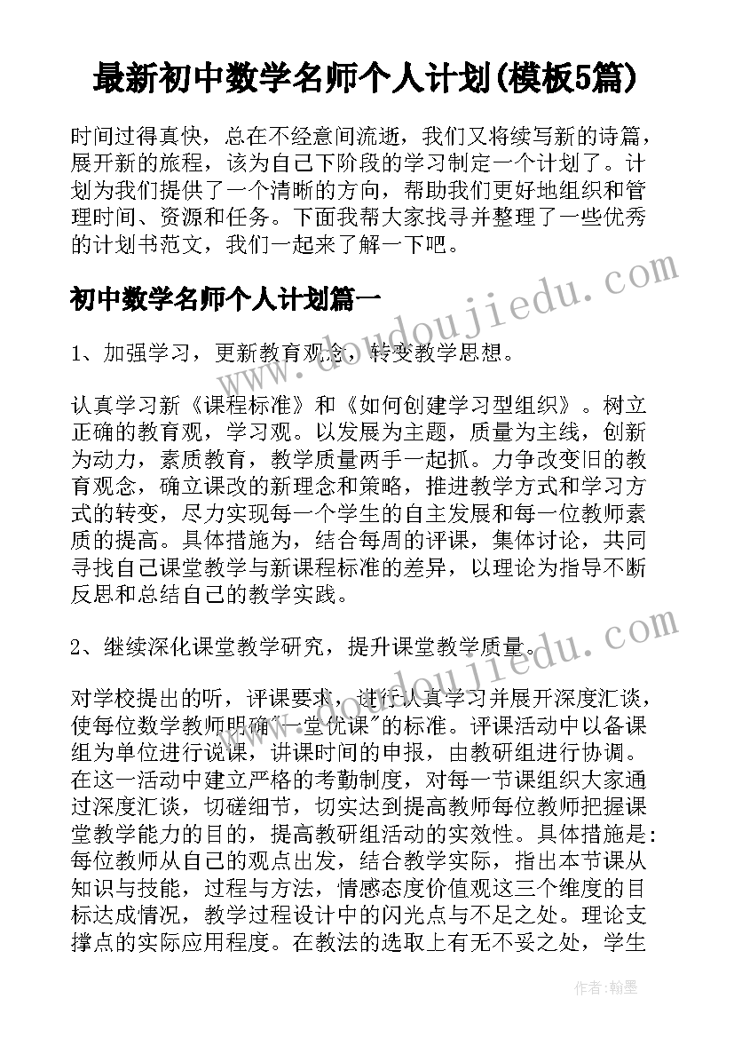 最新初中数学名师个人计划(模板5篇)