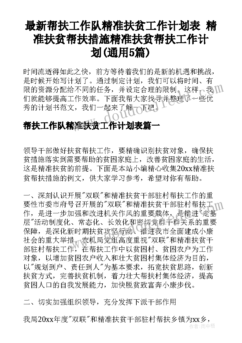 最新帮扶工作队精准扶贫工作计划表 精准扶贫帮扶措施精准扶贫帮扶工作计划(通用5篇)