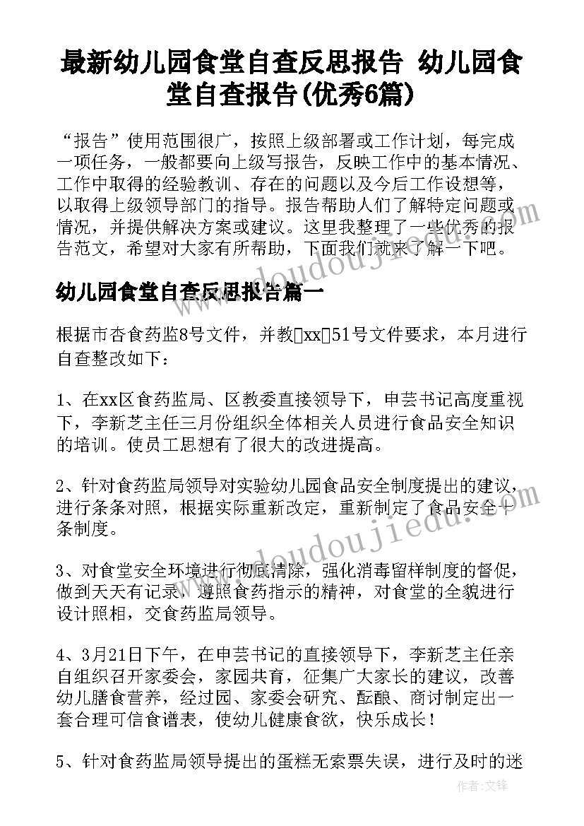 最新幼儿园食堂自查反思报告 幼儿园食堂自查报告(优秀6篇)