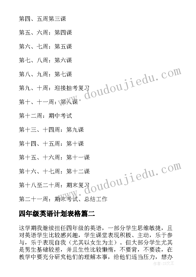 最新四年级英语计划表格 四年级英语教学计划(汇总6篇)