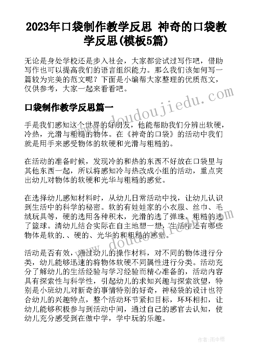 2023年口袋制作教学反思 神奇的口袋教学反思(模板5篇)