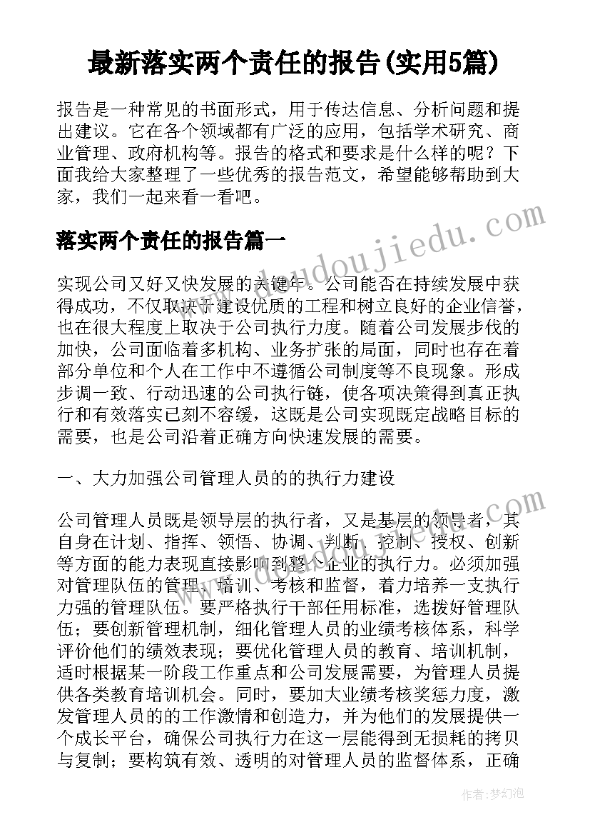 最新落实两个责任的报告(实用5篇)