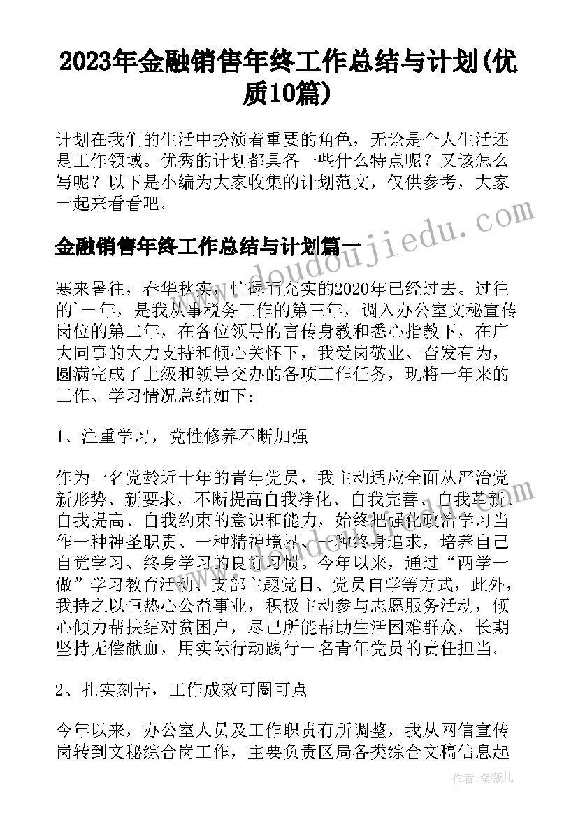 2023年金融销售年终工作总结与计划(优质10篇)