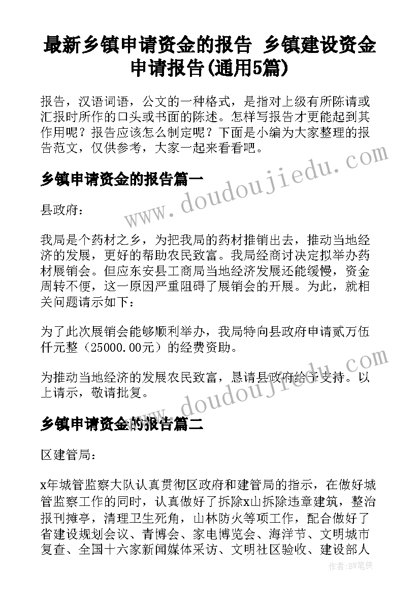 最新乡镇申请资金的报告 乡镇建设资金申请报告(通用5篇)