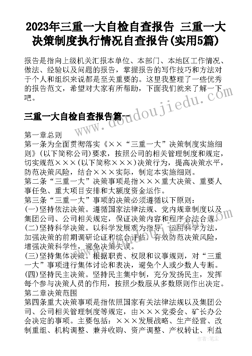 2023年三重一大自检自查报告 三重一大决策制度执行情况自查报告(实用5篇)